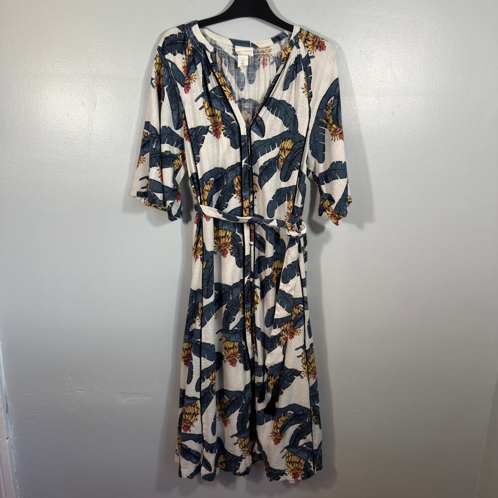 Desmond & Dempsey Linen-Blend Tropical Banana Leaf Midi Kaftan Dress S Resort - Picture 2 of 10